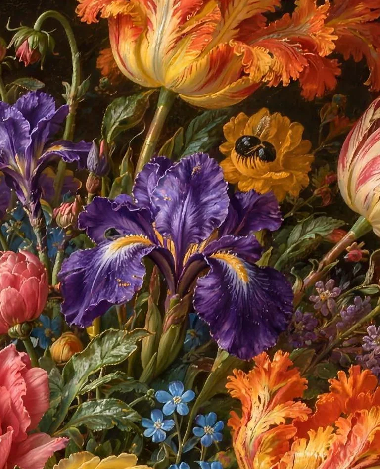 Detalj ur målningen: iris och humla