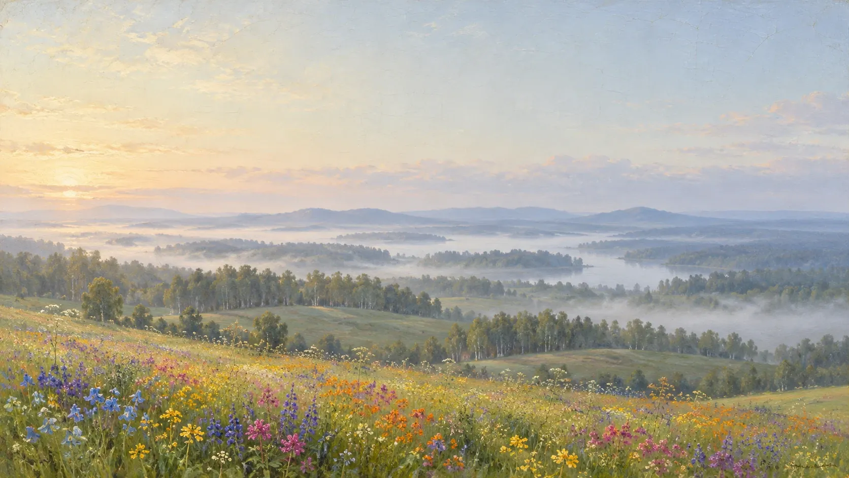 Målning av ett svenskt landskap i morgondimma, med blomsteräng, björkskog och sjöar